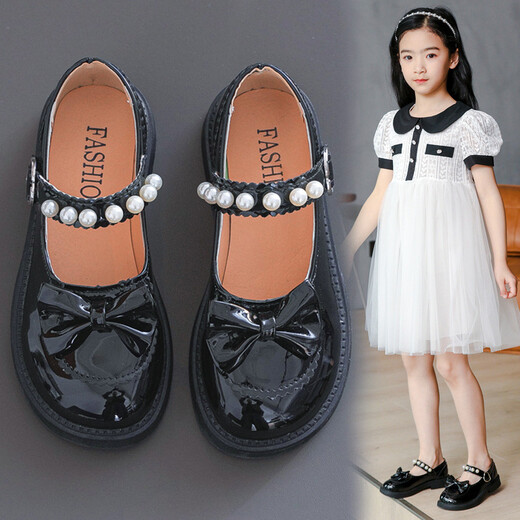 
Xin Yueqing girls' leather shoes Spring and Autumn Korean style British style princess shoes Little girl bow single leather shoes black student performance shoes 9905 black size 27 size 16.5 cm