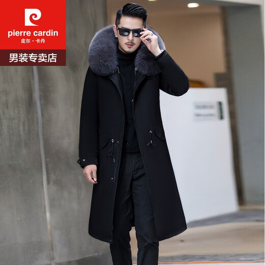 皮尔卡丹（pierre cardin）冬季派克服男獭兔毛内胆2023新款海宁长款皮草大衣可拆卸狐狸毛领 过膝款+黑色 L 羽绒袖子