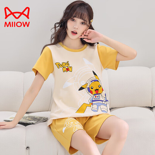 猫人（MiiOW）夏天女生纯·棉短袖睡衣甜美可爱初中生高中生大童女童家居服外穿 Q短1392格笑脸女 M码【70-90斤】