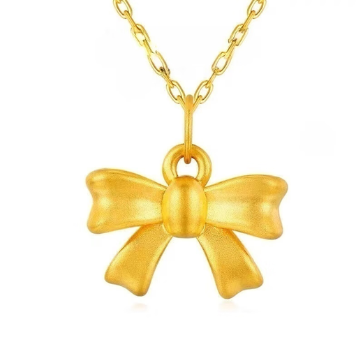 Chenru 999 gold bow pendant gold fugitive princess bow necklace 3D hard gold bow set chain bow single pendant