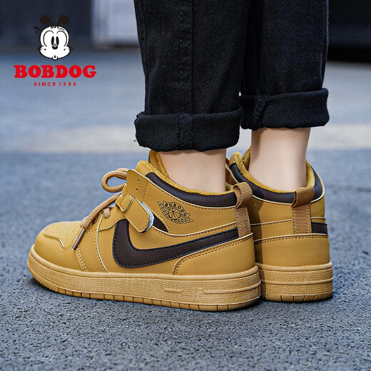 巴布豆（BOBDOG）童鞋男童板鞋秋冬季加绒中大童保暖二棉鞋韩版儿童运动鞋女旅游鞋 BBD-TS6227土黄【加绒】 28码