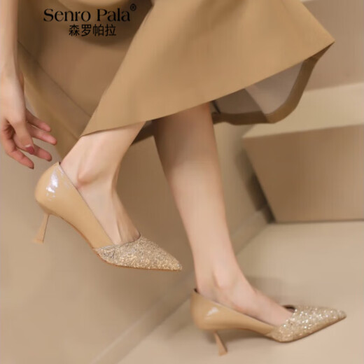 Senropala brand French style wedding shoes 2024 spring and summer new bridesmaid shoes sequined patent leather with skirt large size single shoes for women black 6.5cm33