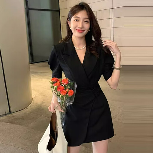 燕浔连衣裙女夏季2025新款女装气质高级感收腰显瘦短款西装短袖裙子女 卡其色 M 建议85-100斤