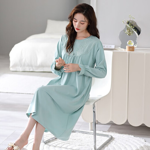 Camisco de beso de clolvas con almohadilla de cofre para mujeres en primavera y otoño Nuevo algodón puro de algodón de algodón largo pijamas Las mujeres pueden usar ropa casera afuera en otoño 673 ola verde (con almohadilla de cofre) l [160-165C100-125Jin [Jin equivale a 0.5 kg]]