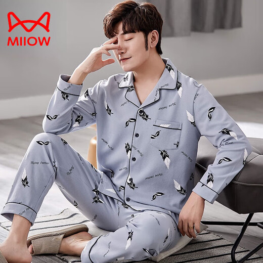 Cat Man (Miiow) Pajamas de algodón puro de manga larga de manga larga de manga larga y de manga larga de manga larga y otoño de pijama masculino de gran tamaño, otoño e invernal, ropa para el hogar MZ3523 XL [130-150Jin [Jin equivale a 0.5 kg]]