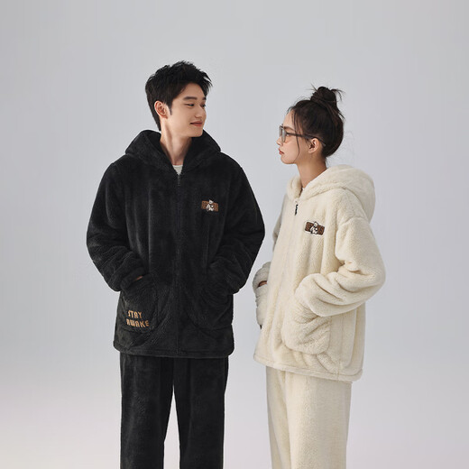 Kissing Cat Soft Velvet Hooded Couple Pajamas Women's Autumn and Winter Men's Suits Home Clothes Thickened and Can be Weared Outside 4749 Milkshake White Women's L