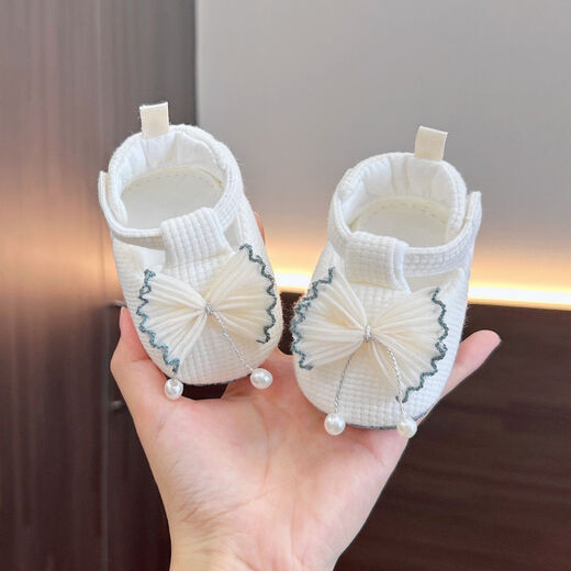米嘟尔婴儿鞋春秋季0-1岁软底幼儿不掉鞋新生儿0-6-12月宝宝公主学步鞋 粉色（花边结-丁字软鞋） 12.5 L(内长12.5cm建议10-15月)