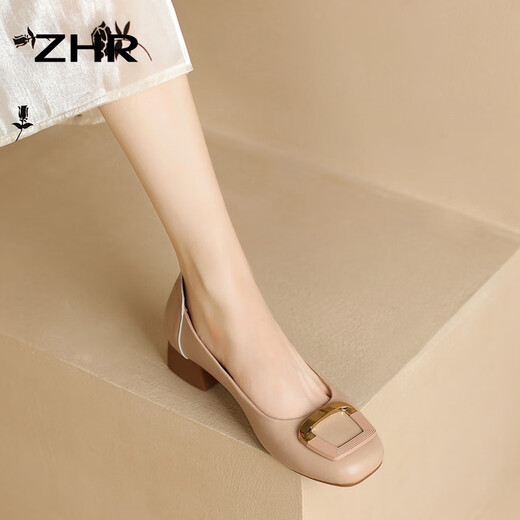ZHR Single -Schuhe für Frauen im Sommer flacher Mundbootschuhe vielseitige dicke Ferse Loafer Schuhe für Frauen Square Zeh Retro dicke Absatz Freiländische Frauenschuhe Aprikosenfarbe 37