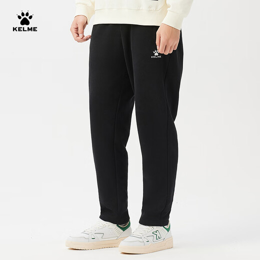 KELME fleece sweatpants men's winter warm loose straight solid color sweatpants casual long pants agate black L