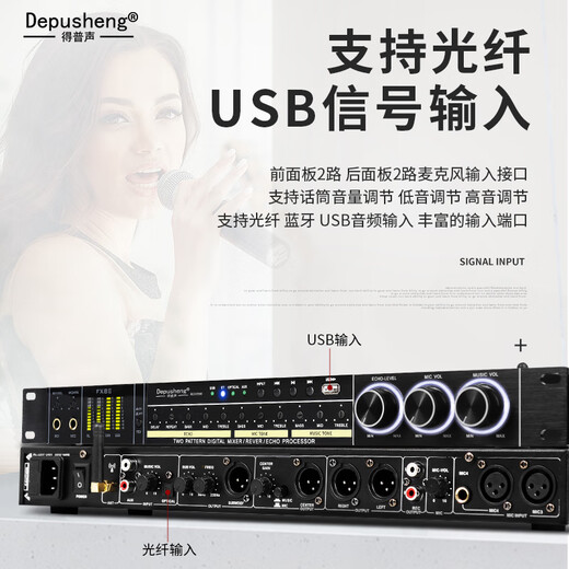 Depusheng REV3900 KTV pre-amp effector with rechargeable wireless microphone for home karaoke singing TV reverberator box commercial anti-howling audio processing USB fiber optic Bluetooth REV3900 without handheld
