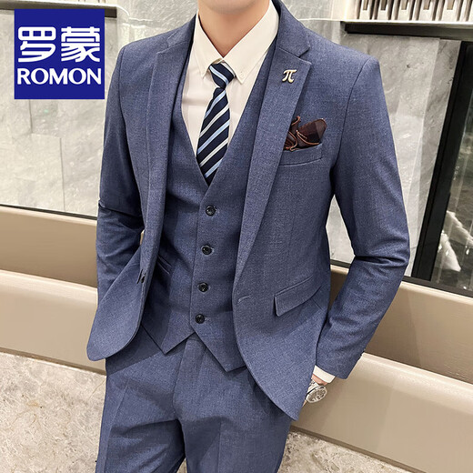 ROMON suit suit men's three-piece groom's wedding dress business formal suit large size slim trendy plaid small suit light gray suit + trousers + vest L