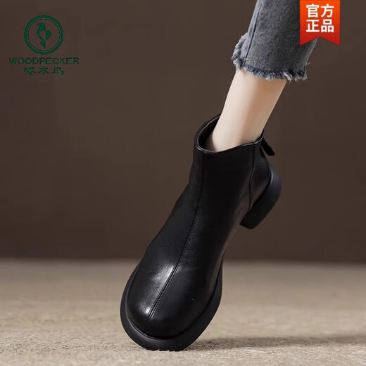 Woodpecker Broken Code Genuine Leather Retro Back Zipper Martin Boots Women's Single Boots 2025 Autumn and Winter New Short Boots Women's Khaki Velvet 37