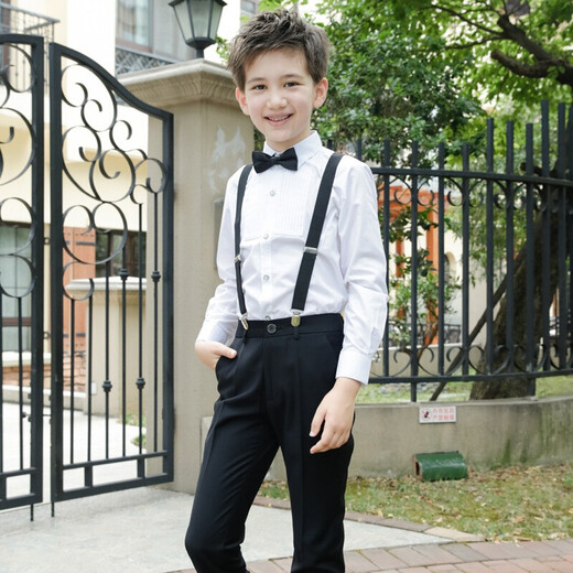 Feathered Duck Children's Dress Primary School Host Flower Girl Overalls Suit Boy Piano Cantata Performance Clothing Black Style 1 (shirt + trousers + suspenders + bow tie) size 130 (recommended height 117-126cm)