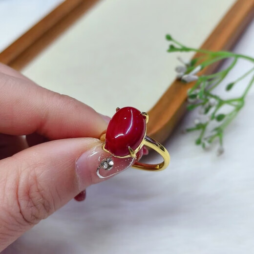 Sanskrit-made natural coral cabochon, simple and versatile ring, sterling silver inlaid with live mouth design, coral ring 99642