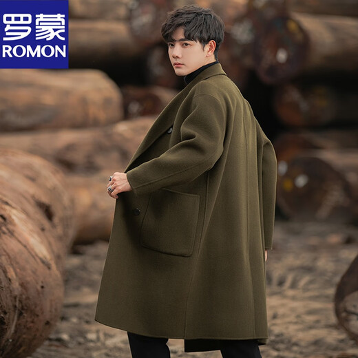 ROMON 100% pure wool coat men's double-sided wool coat high-end wool medium-length autumn and winter thickened windbreaker Military green M