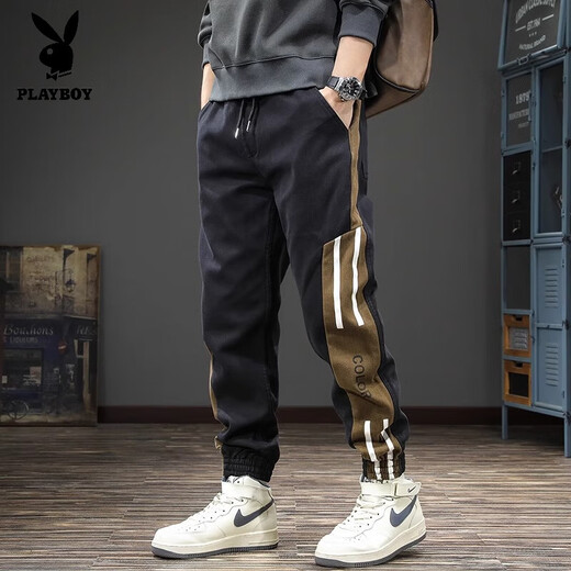 Playboy 2025 Autumn and Winter New Trendy Brand Workwear Versatile Casual Pants Men's Striped Large Size Handsome Harem Sports Pants Black L Suitable Weight 130-145Jin Jin is equal to 0.5 kg