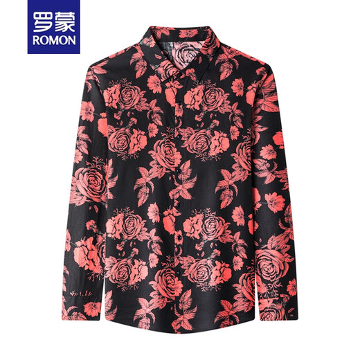 罗蒙（ROMON）品牌花衬衫男秋季长袖潮流痞帅男装碎花衬衣修身中年春秋薄款男士棉 9904红色 XXXL