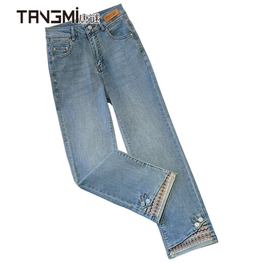 Tangmi retro new Chinese style straight jeans for women spring and summer 2024 new style spliced ​​nine-point pants embroidered national style cigarette pants light blue XL/29 (115-125Jin [Jin equals 0.5 kg])