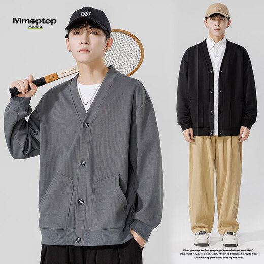 MMOPTOP Japanese solid color sweater long-sleeved men's autumn and winter retro loose V-neck cardigan MT2350 black 2XL
