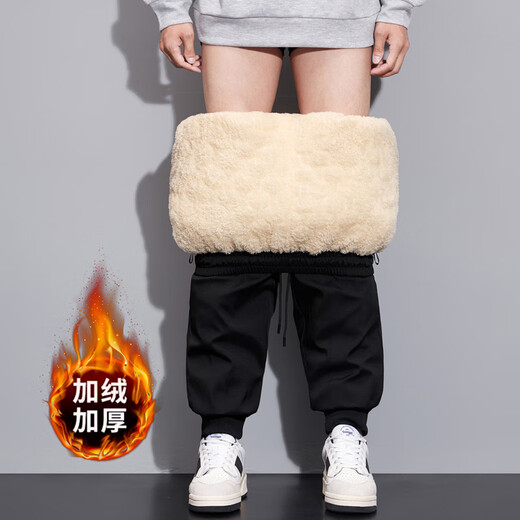 RFKU加厚加绒裤子男冬季宽松束脚裤直筒休闲裤男士潮流运动保暖棉裤 黑色-束口 3XL (160-180斤)