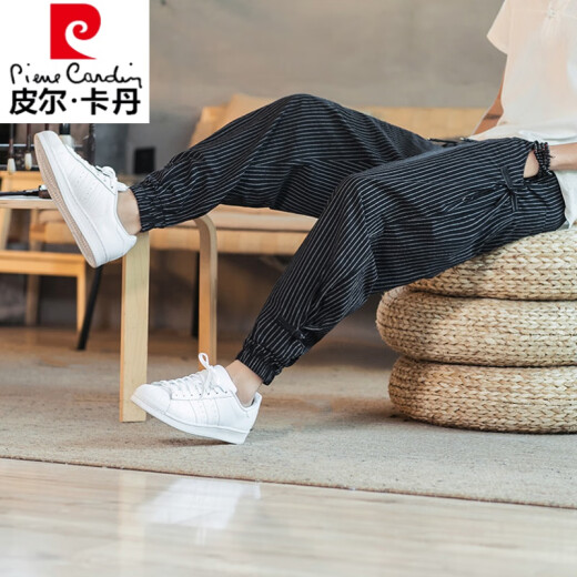 Pier Cardan Linn Pantalon Men's Men's Summer Gin Cropped Pants Ticked Feet Harem Pantalon Chinois Pantalon Men's Pants rayé Pantalon de lin en coton TRENDY MK983 BLANC 2XL (145-160JIN [Jin est égal à 0,5 kg]))