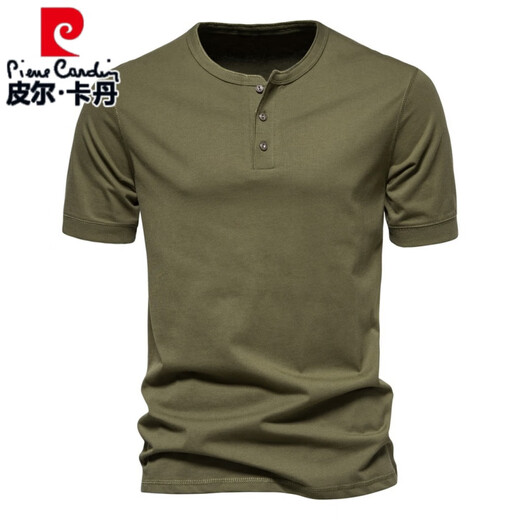 Pierre cardin European and American elastic Henry neck short-sleeved T-shirt men's youth summer casual personality large-size solid color half-sleeved T-shirt trendy light gray L 125-140Jin [Jin equals 0.5 kg]