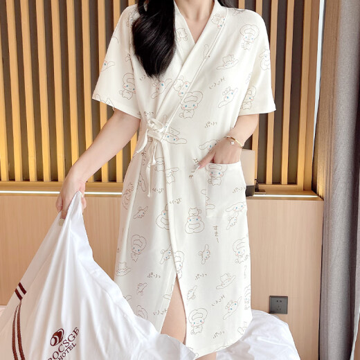 洁丽雅新款和服睡袍女棉质短袖浴袍日系薄款玉桂狗睡衣日式中长款睡裙夏 653 L
