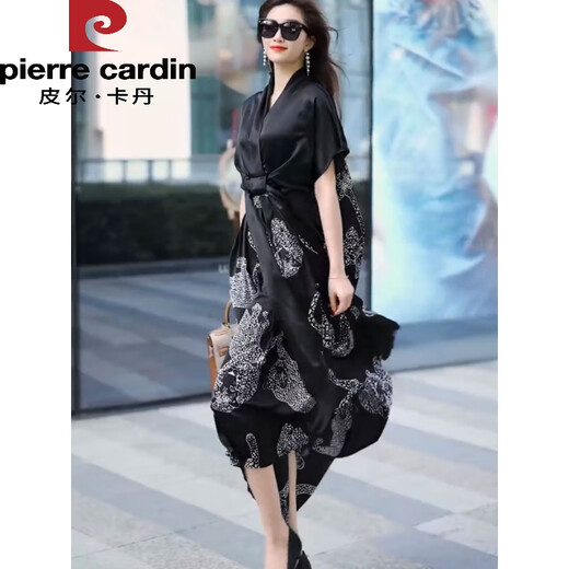Piercadan Chiffon Kleid für Frauen im Sommer Neue europäische Marke Heavy Satin Lose Lose großer Kurzärärmelchiffon-Rock lang schwarz 2xl [Empfohlen 151-170jin [Jin gleich 0,5 kg]]