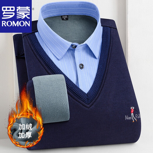 罗蒙（ROMON）男士加绒加厚羊.毛衫针织假两件衬衫冬季保暖衬衣纯色冬高 假两件-681 加绒 2XL (140-160斤)