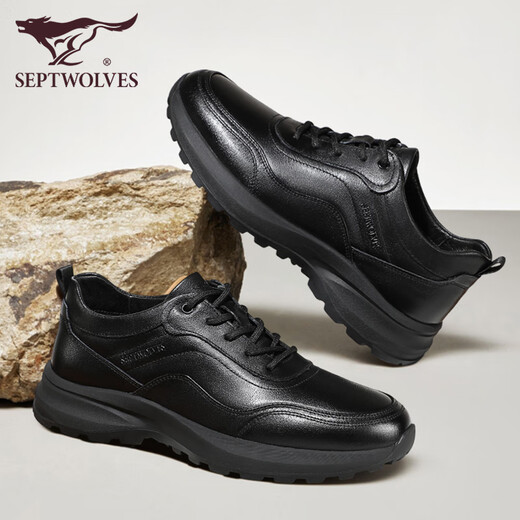 Septwolves leather shoes men's shoes autumn and winter men's genuine leather shoes business casual shoes black pure cowhide sports shoes 0639 black 40 leather shoe size