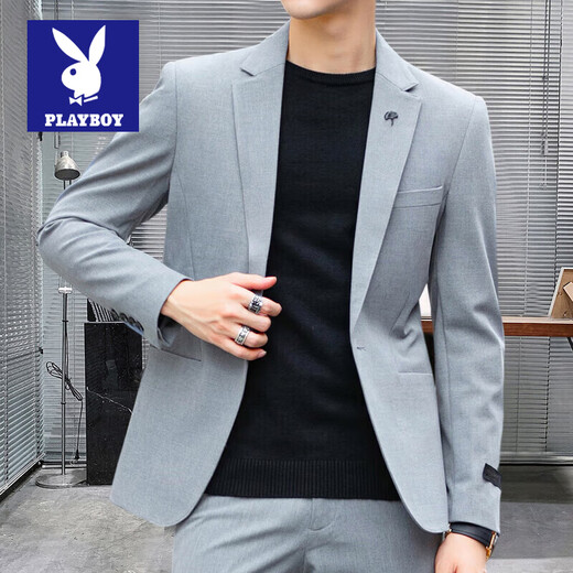 花花公子定制休闲西服套装男士正装春秋季新款商务小西装男结婚礼服 黑色西服+西裤+CS01白衬衫 L码111-120斤