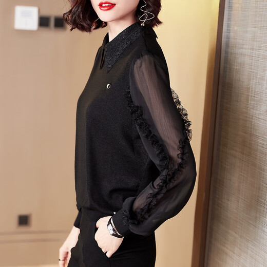 Laini Shengna long-sleeved shirt women's 2024 autumn new Korean style loose chiffon shirt spring and autumn lace bottoming top for women black L [recommended 105-115 Jin [Jin equals 0.5 kg]]