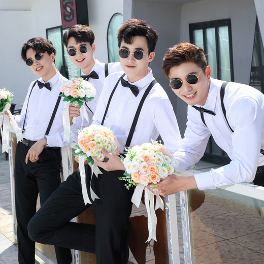 Ning Xinyan best man dress white shirt brother group clothes wedding suit dress men's suit vest strap summer shirt clothing long sleeve shirt + bow tie (SJ) L