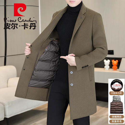 皮尔卡丹（pierre cardin）鹅绒内胆双面呢外套男士加厚风衣中长款羊毛绒毛呢大衣男针织 黑色MN5582【西装领羊毛双面呢】 XL (125-140斤)