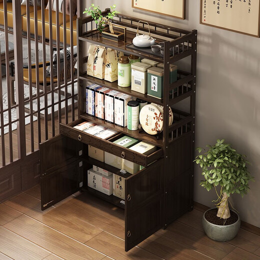 Sizhuge new Chinese style Bogu rack tea set storage shelf solid wood ornaments living room Shuduobaoge tea display cabinet purple clay pot 3 layers 80 double drawers four doors