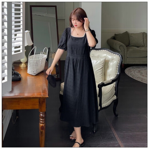 Do not cotton fat women's plus size dress for fat girls 200 Jin Jin equals 0.5 kg Casual long style 300 Jin Jin equals 0.5 kg Summer square collar women's summer black Western style slimming 5XL recommended 180-210 Jin Jin equals 0.5 kg