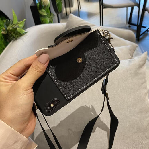 鹿纯 手提包苹果15手机壳零钱包iPhone14/13pro可爱硅胶斜挎背包式挂绳78P 苹果15plus 黑色壳+米妮卡包+手提绳+斜跨