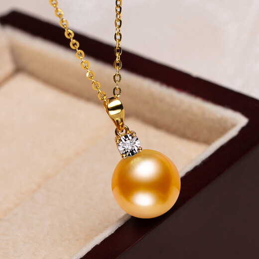 Haitong selected thick gold 18K gold diamond South Sea gold bead pearl pendant single golden seawater pearl necklace for women A grade/slightly flawed rich gold 10-11mm +s925 silver chain