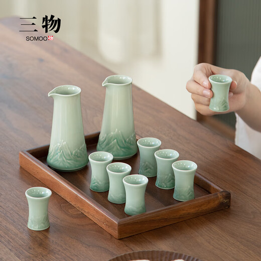 Sanwu Shanhai light luxury Chinese style wine dispenser set white wine cup small household one-cup ceramic wine set Father's Day gift Shanhai wine set_two pots and eight cups + tray
