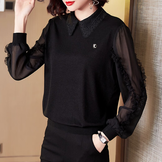 Laini Shengna long-sleeved shirt women's 2024 autumn new Korean style loose chiffon shirt spring and autumn lace bottoming top for women black L [recommended 105-115 Jin [Jin equals 0.5 kg]]