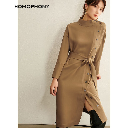 Homophony European and American temperament long skirt autumn new commuter casual windbreaker style dress coffee S