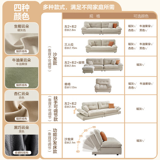 
Quanyou Home Cream Style Fabric Sofa Living Room Small Apartment Direct Cat Claw Cloth Yunduo Sofa Bedroom National Subsidy