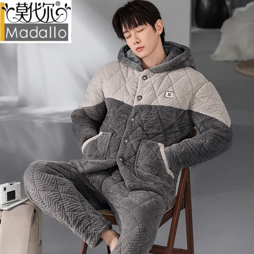 MODAL CORAL VELVET PYJAMAS FÜR MÄNGER DER DREIDE DIREKTIERTE COTWONTE PLUS Samt Flanellflanell warmer Kapuzenbekleidungsanzug Männer 831 Grau [Knopf] L empfohlen 100-125 Jin [Jin entspricht 0,5 kg]
