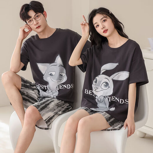 北极绒（Bejirog）纯棉情侣睡衣夏季一男一女士短袖裤套头卡通休闲可外穿家居服套装 691情侣【纯棉】 2XL 女L+男