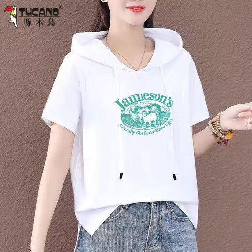 啄木鸟（TUCANO）纯·棉连帽t恤女短袖2025夏季减龄显瘦半袖宽松韩版卫衣女潮 白色-693 M 建议95斤内