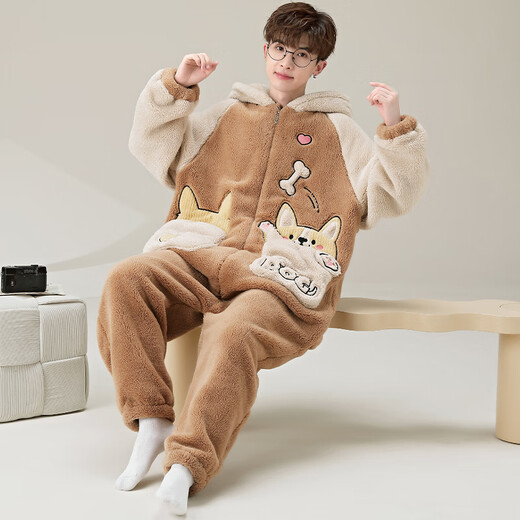 少年情话睡衣男秋冬款加绒加厚珊瑚绒带帽冬天休闲家居服套装可外穿连体衣 YPF3893哈士奇 男XL(130-155斤)