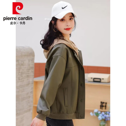 Pierre Cardin [Detachable Cap] Leather Jacket Women 2023 Spring New Style Large i Size Loose Casual Baseball Wear PU Wallet Black [Detachable] 2XL recommended 131-145Jin [Jin equals 0.5 kg]