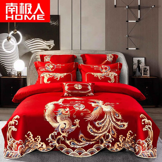 Antarctic home textiles Wedding bed four-piece set 100 pure cotton wedding ten-piece set big red jacquard embroidery multi-piece set bed sheet quilt cover quilt cover bedding set Dragon and Phoenix Love Deep (200*230cm quilt cover) sheet-style four-piece set
