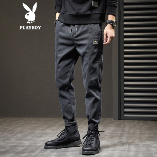 Playboy Casual Pants Men's Loose Small Feet Autumn and Winter Men's Korean Style Trendy Youth Versatile Harem Work Pants Men's 1225-Gray 31