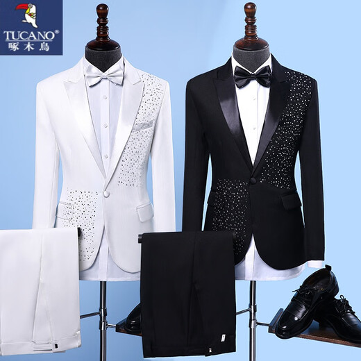 Woodpecker (TUCANO) performance clothing men's brothers sequined suit choir host costume stage dress suit plus size summer black 1 jacket + pants + bow tie 180/XL suitable for weight 170Jin Jin equals 0.5 kg, left and right wear